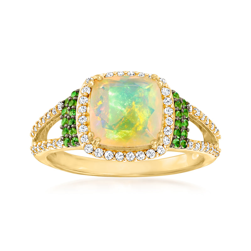 Gold-tone opal-style square ring with clear stones and green diamond clusters