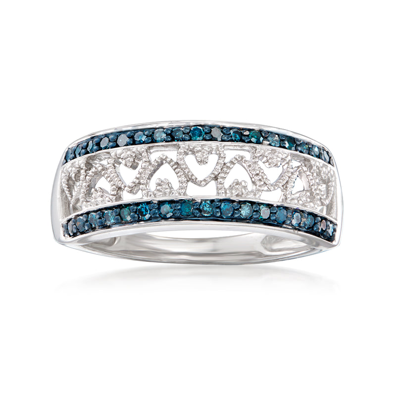 Sterling silver ring with blue diamond border and openwork heart design