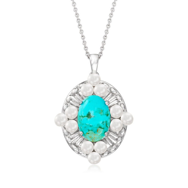 Sterling silver pendant necklace with oval turquoise center and cultured pearl surround