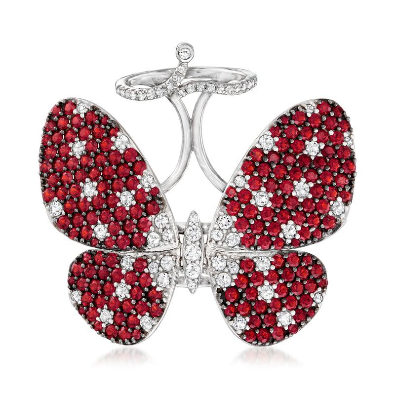 Sterling silver butterfly double ring with red garnet-like stones and clear white accents