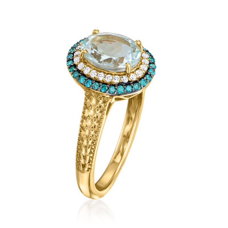1.20 Carat Aquamarine and .14 ct. t.w. Blue Diamond Ring with .10 ct. t.w. White Topaz in 18kt Gold Over Sterling