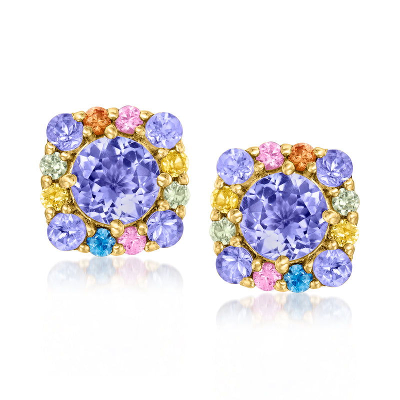 Round gold-tone stud earrings with lavender center sapphire and multicolor gemstone halo
