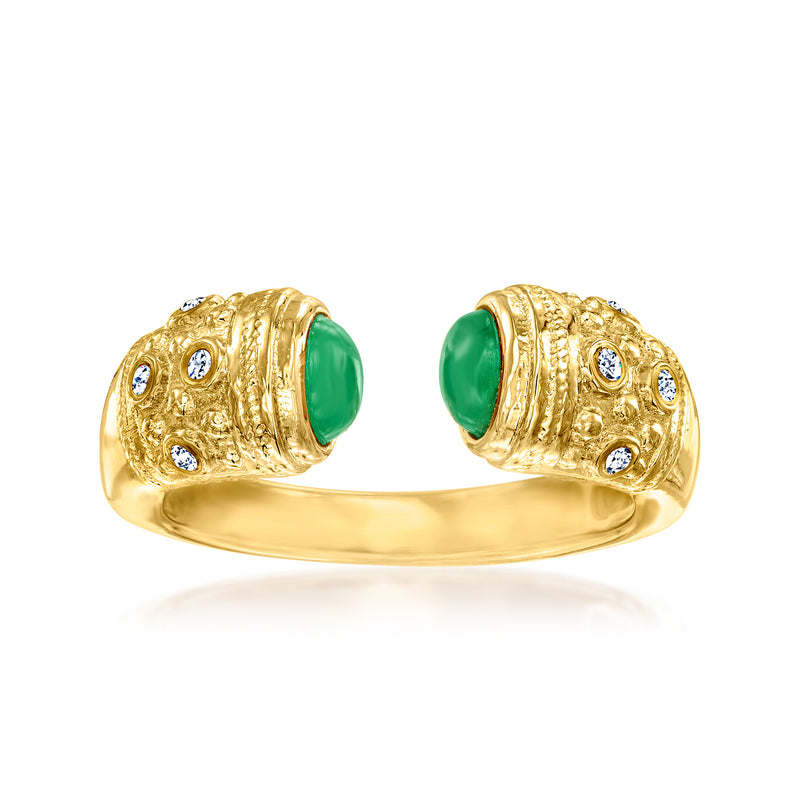 Open-top 18kt gold over sterling ring with oval green stone and small round diamond accents