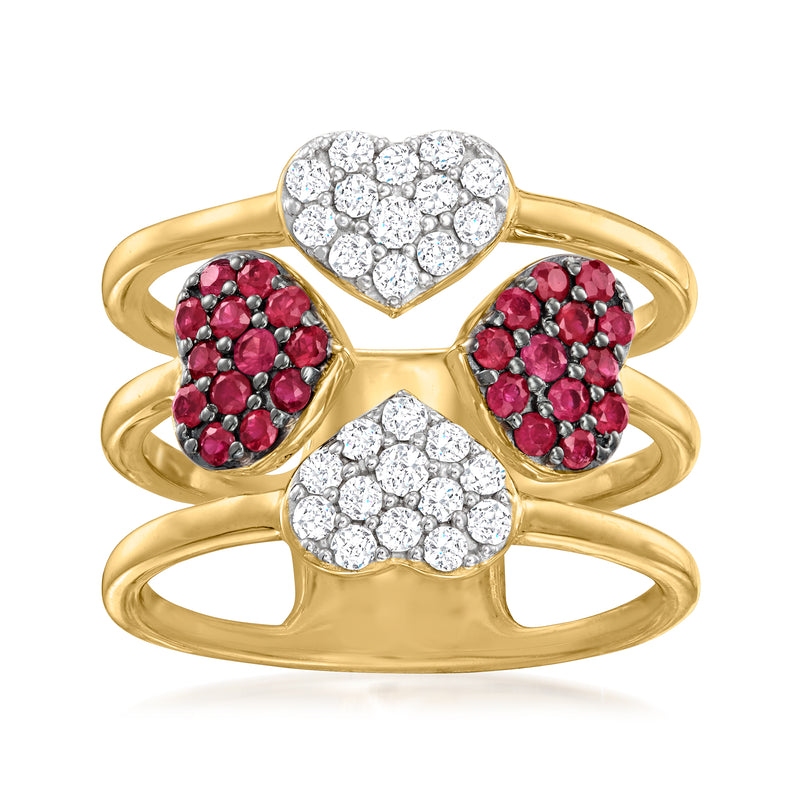 Gold over sterling heart ring with ruby and white topaz heart settings