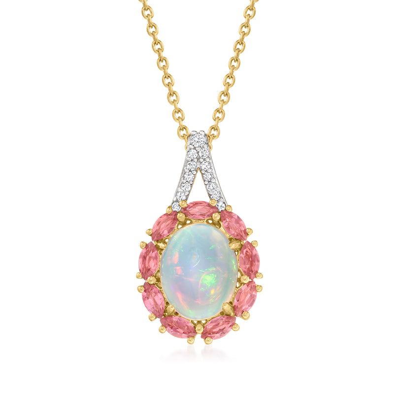 18kt gold opal and pink gemstone teardrop pendant necklace with white zircon accents