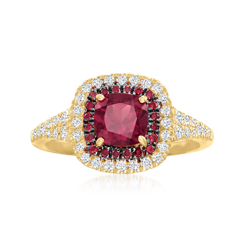 Gold over sterling ring with red oval garnet centerpiece and white stone halo