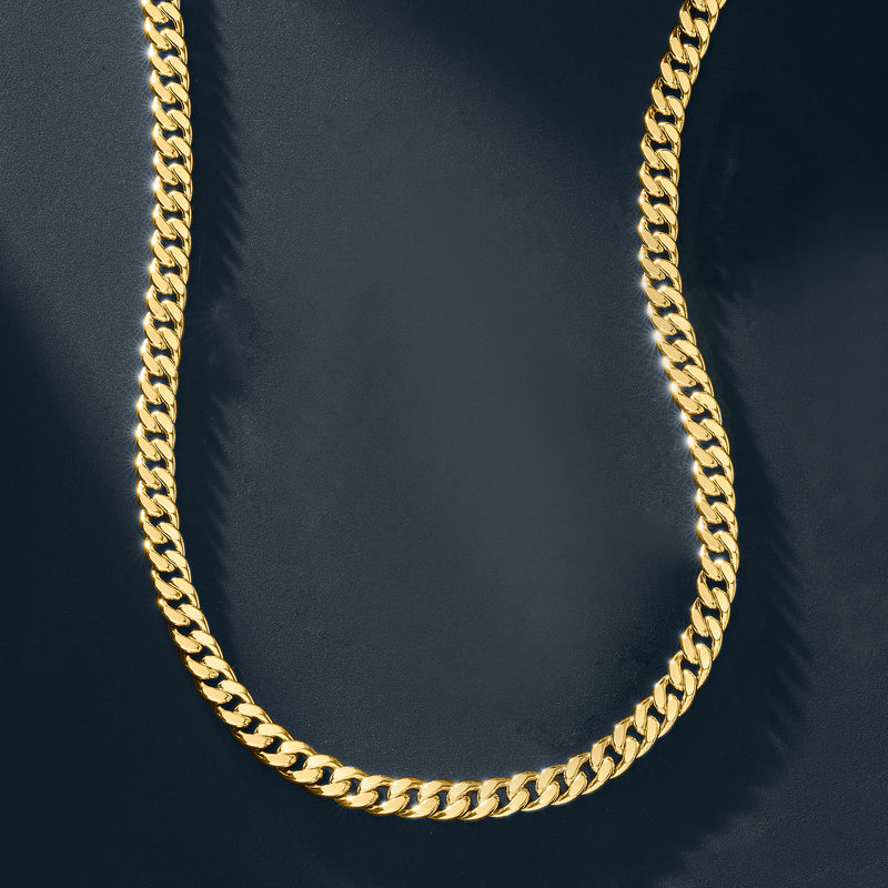 Yellow gold curb-link chain necklace with 5mm interlocking links, flat profile