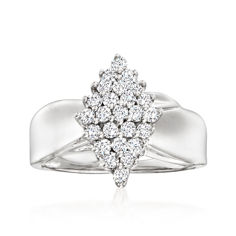 Sterling silver diamond cluster ring, marquise-shaped center on open band