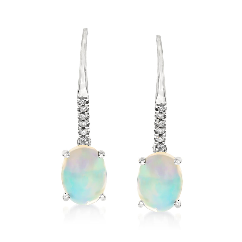 Opal drop earrings in 14kt white gold with diamond accents and leverback closures