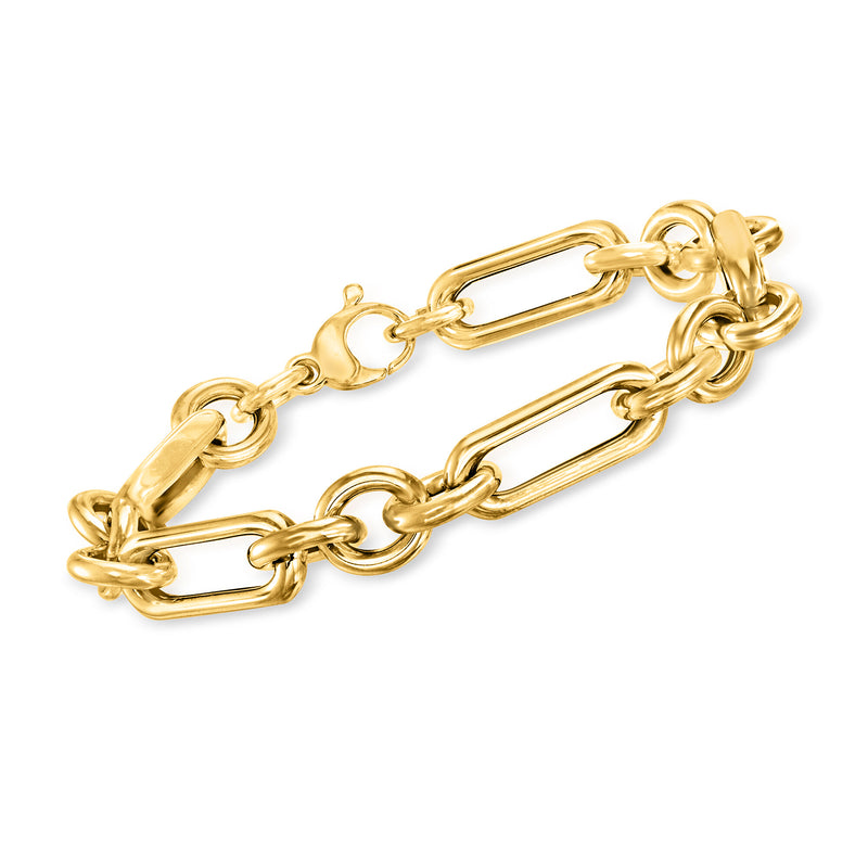 14kt yellow gold link bracelet with alternating round and paperclip links, secure clasp
