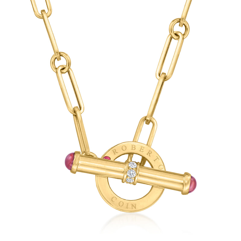 18kt yellow gold lariat necklace with pink tourmaline and diamond accents