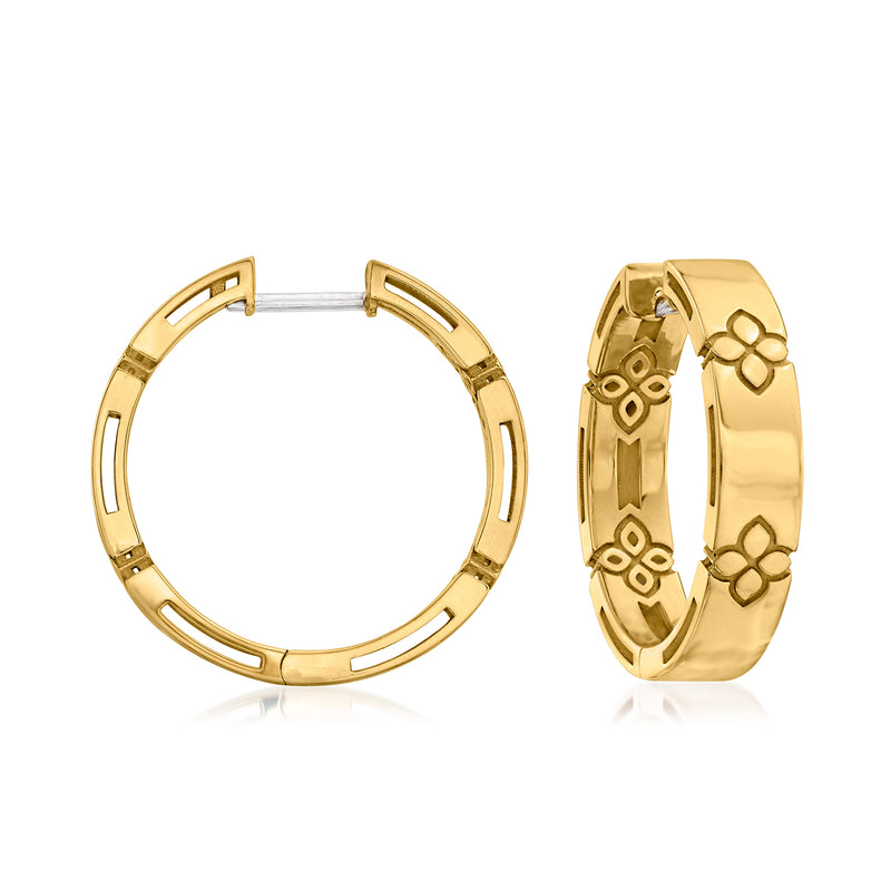 18kt yellow gold hoop earrings with engraved square and floral motifs