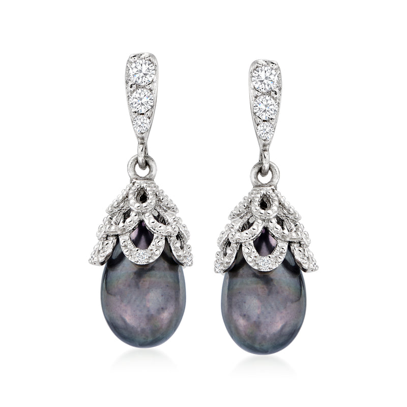 Sterling silver drop earrings with black cultured pearls and CZ accents
