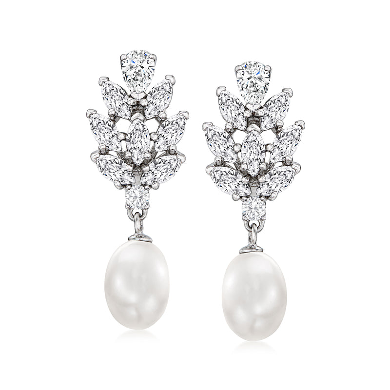 Sterling silver drop earrings with clustered CZ and a white cultured pearl drop
