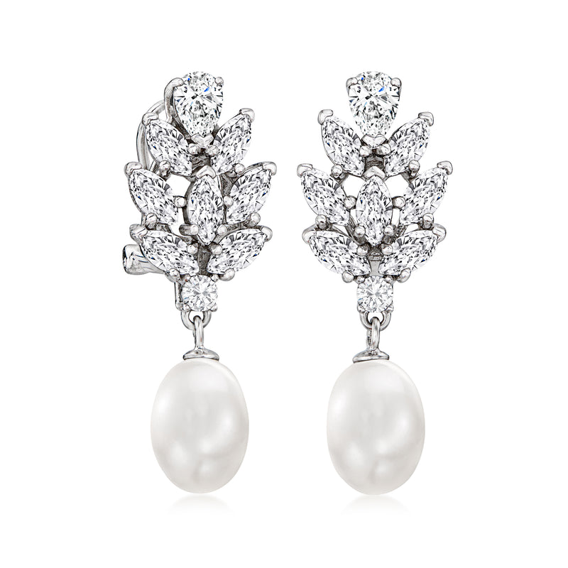 Sterling silver drop earrings featuring clustered CZ stones and a white cultured pearl