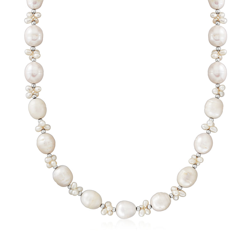 Sterling silver cultured pearl cluster necklace with oval and round white pearls