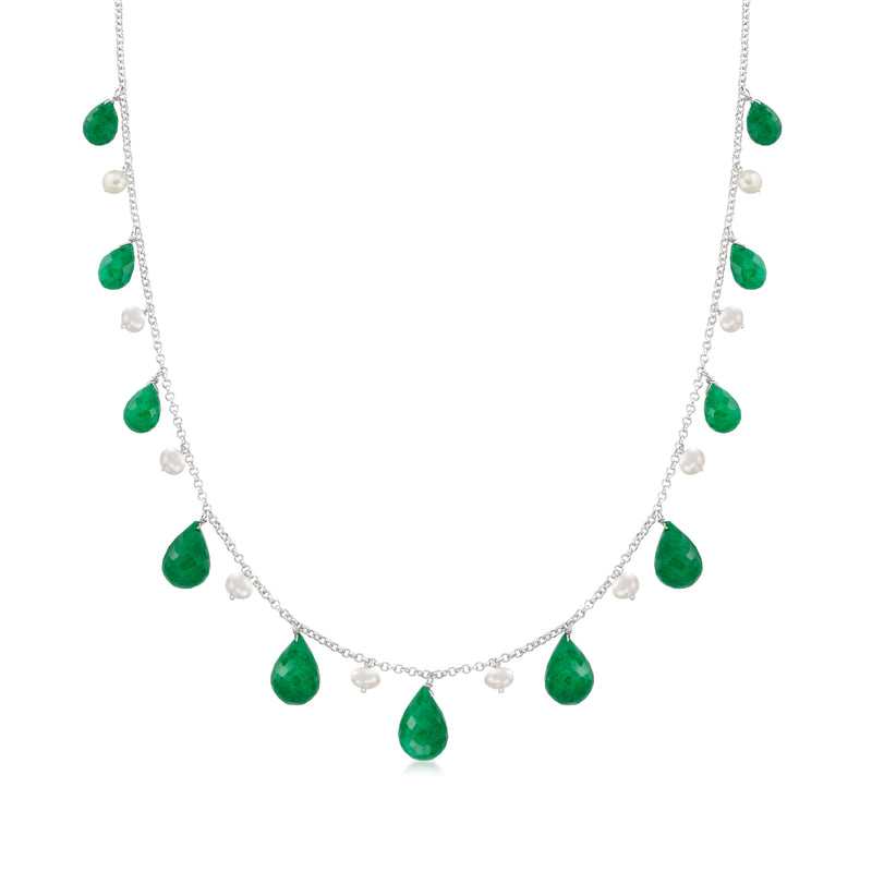 Sterling silver bead necklace with small cultured pearls and green emerald-style drops