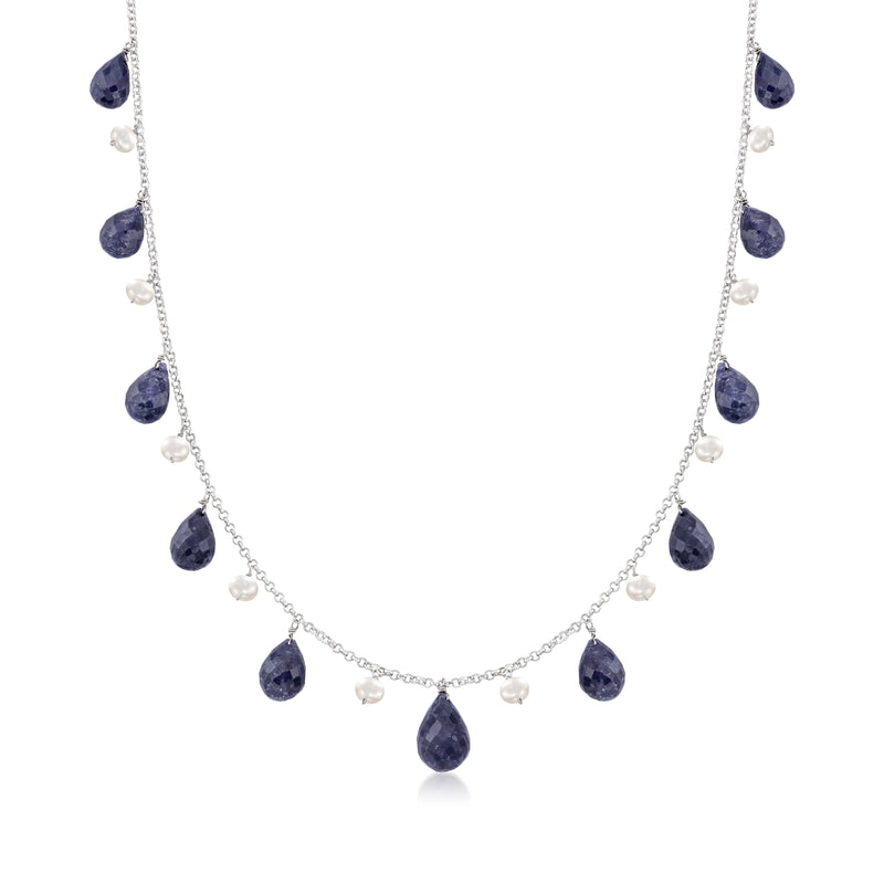 Sterling silver necklace with dark blue teardrop sapphires and white pearl beads