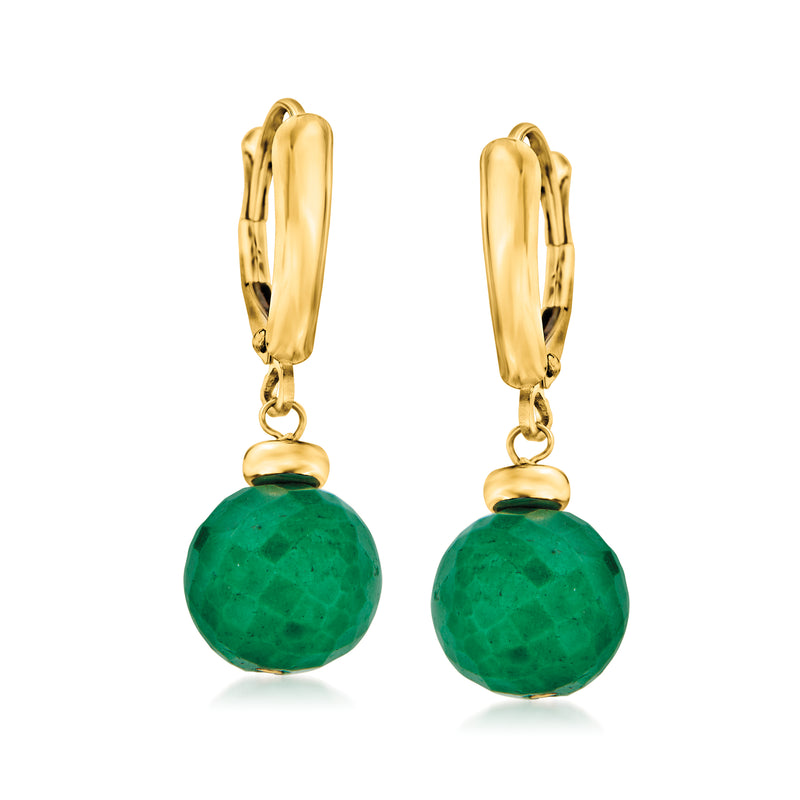 14kt yellow gold leverback bead drop earrings with green round gemstone accents
