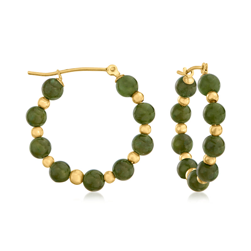 14kt yellow gold jade bead hoop earrings, round hoop with green jade beads