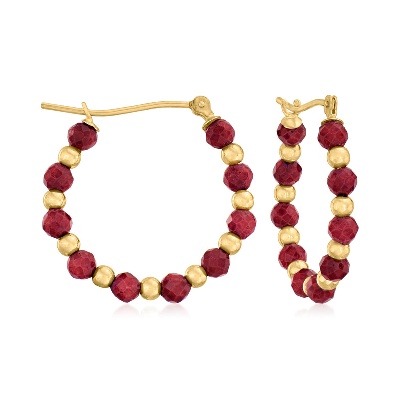 Yellow gold hoop earrings with deep red ruby bead accents