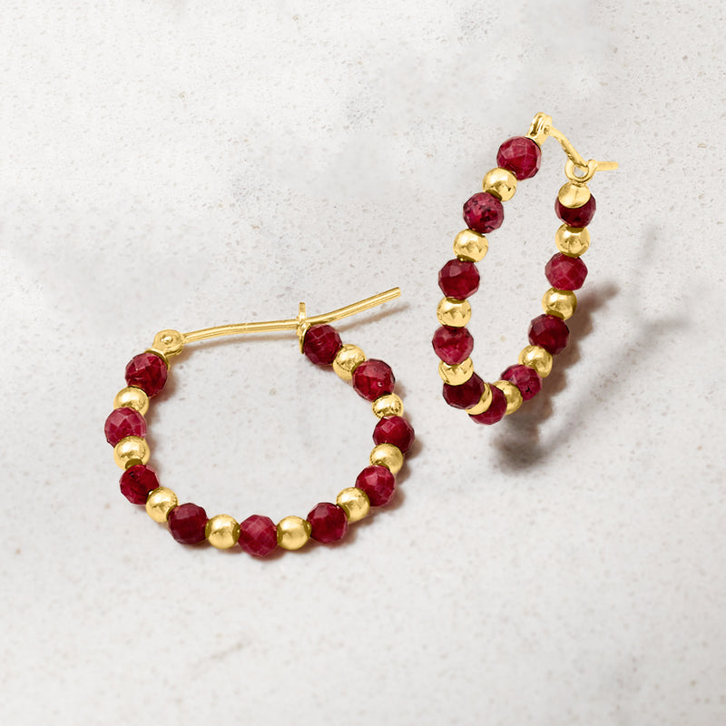 Ruby bead hoop earrings with hinged hoops and gold round bead details