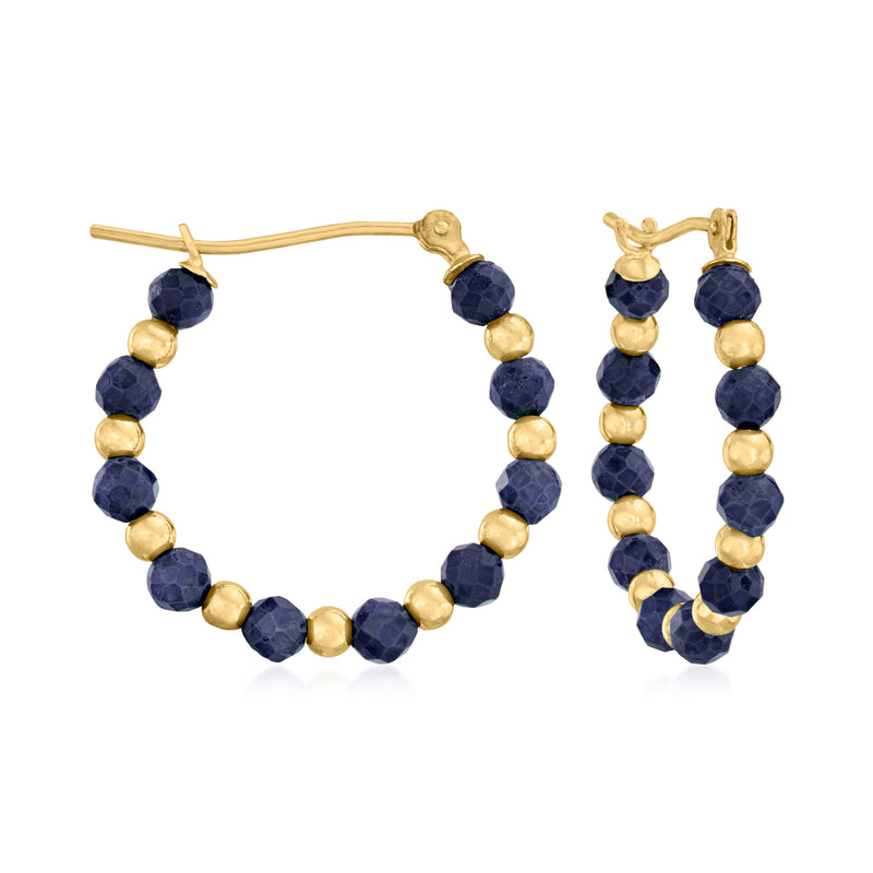 14kt yellow gold hoop earrings with dark blue sapphire bead accents