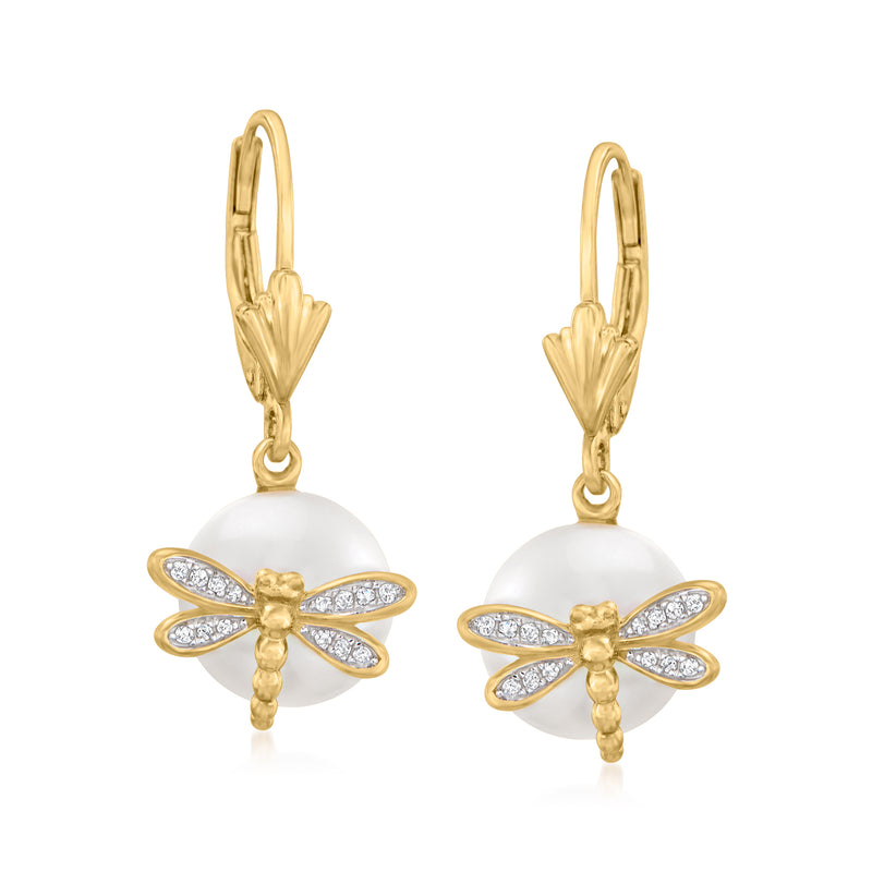 Gold leverback dragonfly drop earrings with white pearl and diamond accents