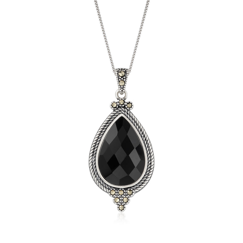 Sterling silver teardrop onyx pendant necklace with marcasite halo and chain
