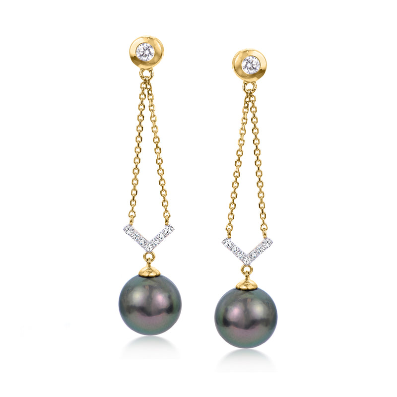 Yellow gold drop earrings with black Tahitian pearls and diamond accents