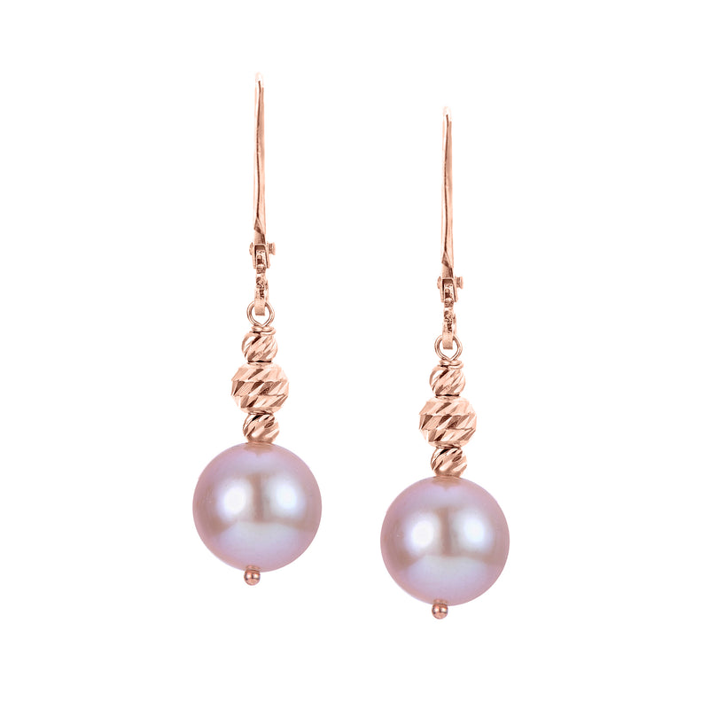 Rose gold leverback drop earrings with pink cultured pearl and twisted bead detail