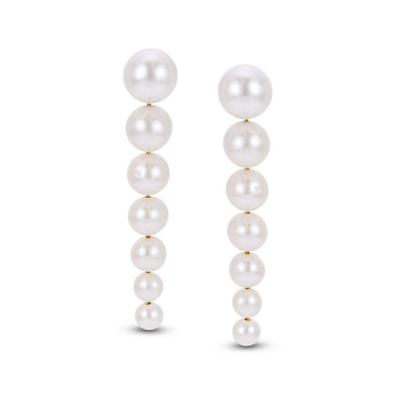 Graduated cultured pearl drop earrings with 4–8mm pearls in a vertical row