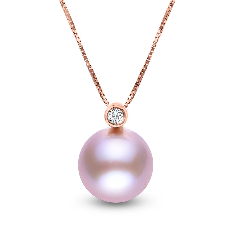 Rose gold pendant necklace with round pink cultured pearl and diamond halo