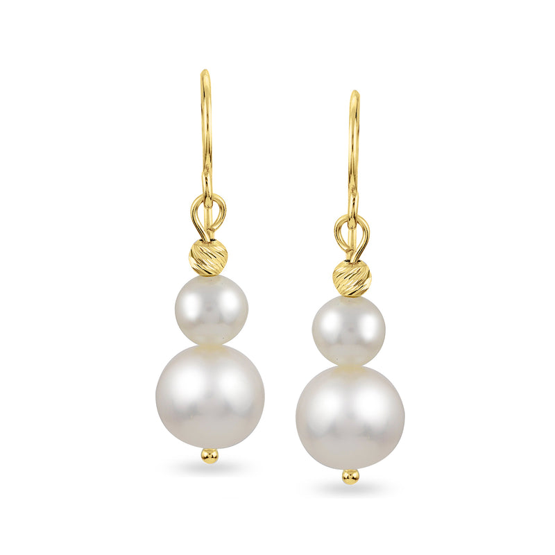 14kt yellow gold cultured pearl drop earrings with two stacked white pearls