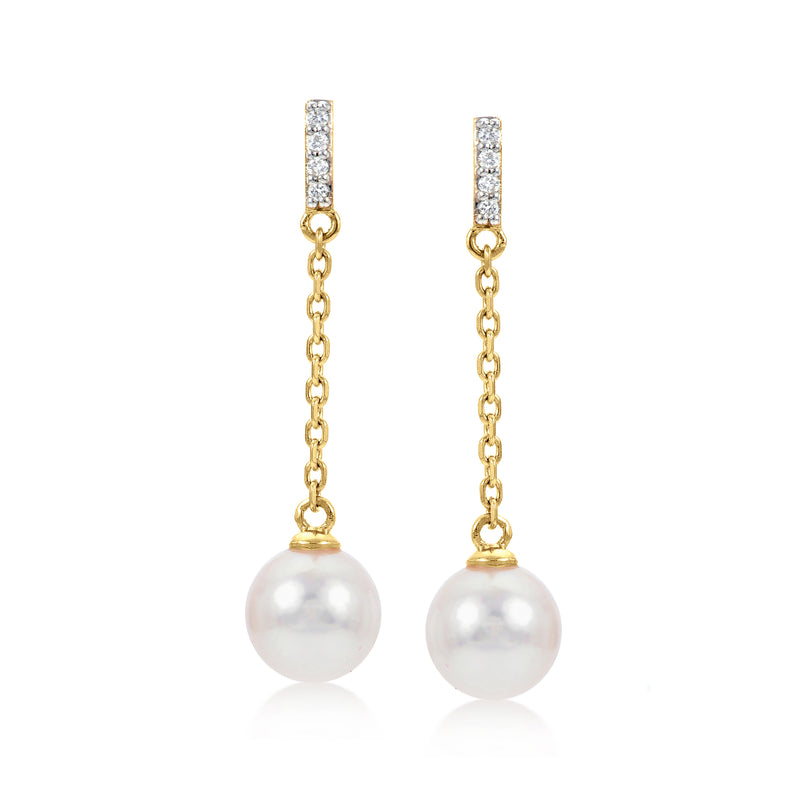 14kt yellow gold pearl drop earrings with diamond accents and round white cultured pearls