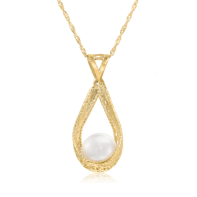 14kt yellow gold pendant necklace with teardrop frame and white cultured pearl