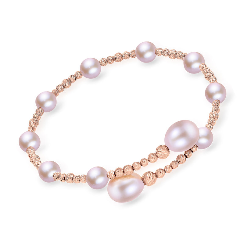 Pink cultured pearl and 14kt rose gold bangle with adjustable fit, round pearl accents