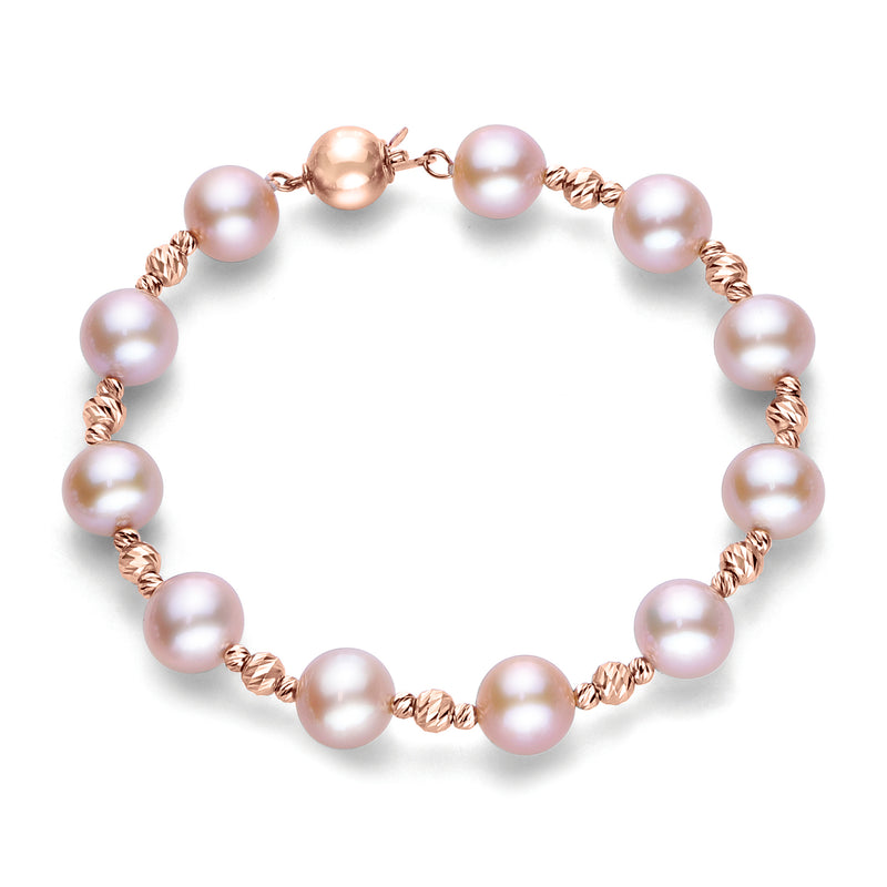 Pink cultured pearl bracelet with rose-gold tone beads and rope-style links