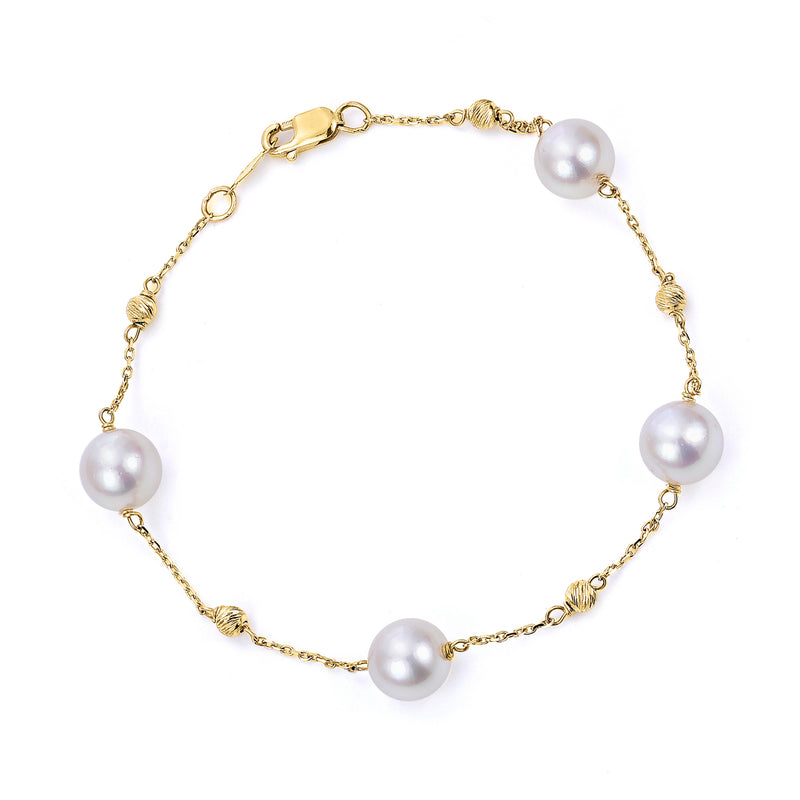 14kt yellow gold cultured Akoya pearl bracelet with 7.5–8mm white pearls and clasp