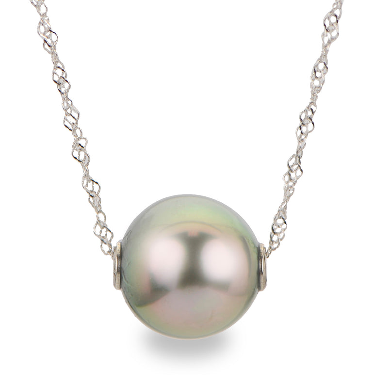 Round black Tahitian cultured pearl pendant with 14kt white gold chain