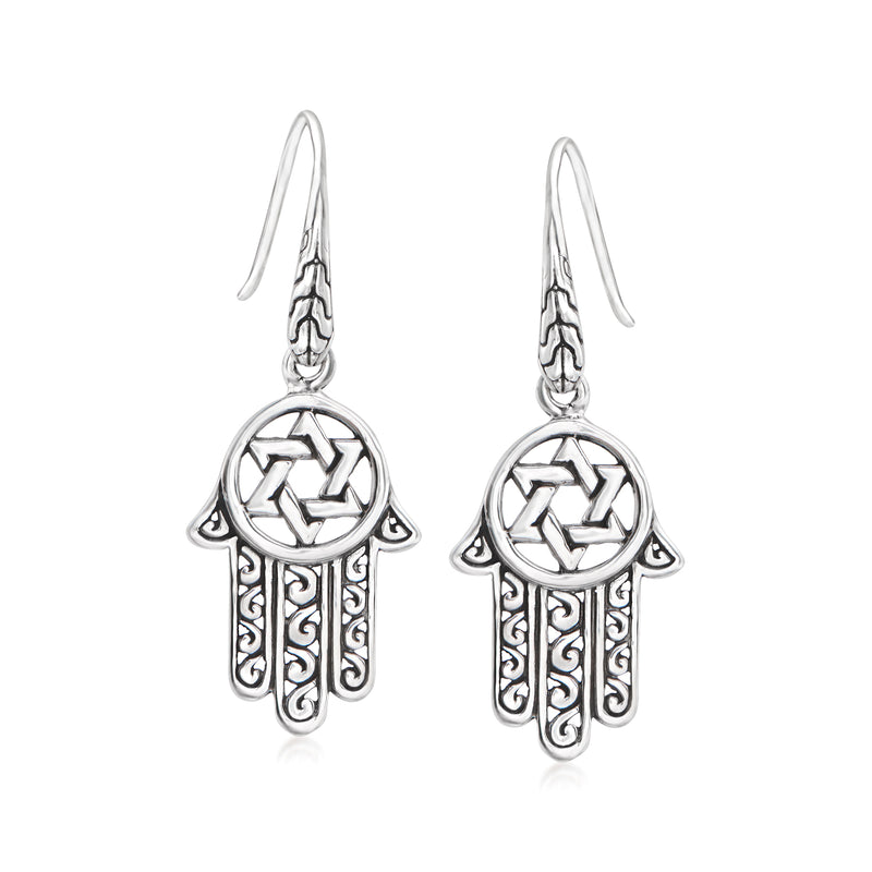 Sterling silver drop earrings with Hamsa hand charm and Star of David detail