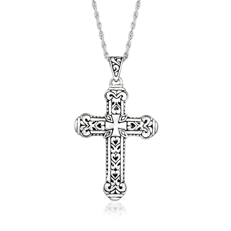 Sterling silver Bali-style cross pendant necklace with ornate filigree details