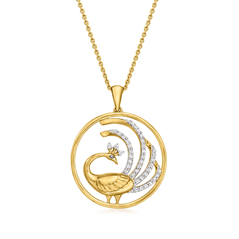 18kt gold over sterling necklace with round peacock medallion pendant and white stones