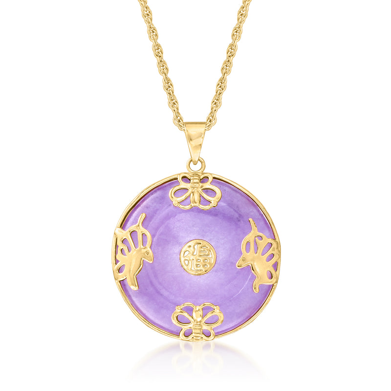 Purple jade round pendant necklace with butterfly accents, 18kt gold over sterling.