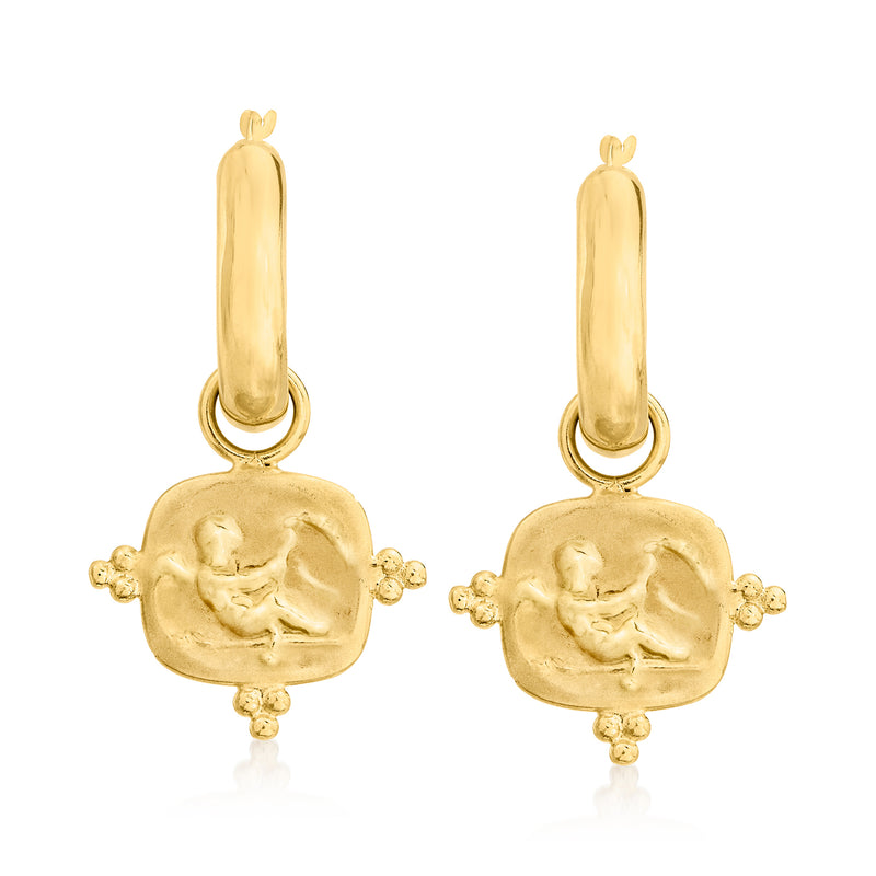 Gold cameo-style cupid hoop drop earrings with small beaded accents