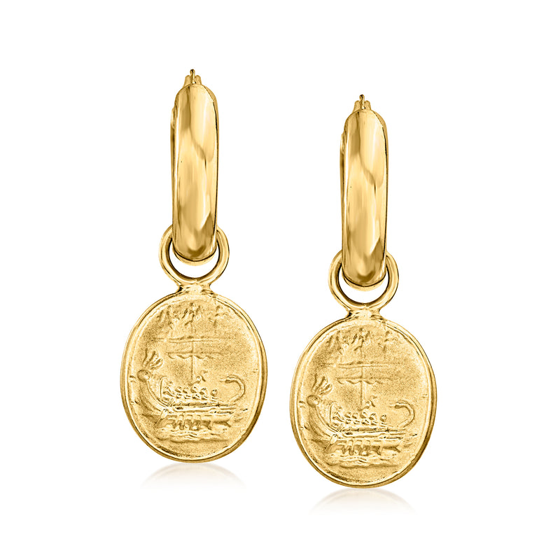 Gold-tone hoop drop earrings with round coin medallion charms