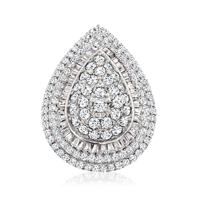 Sterling silver teardrop CZ ring with round and baguette stones