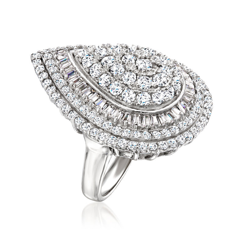Sterling silver pear-shaped ring with round and baguette CZ stones