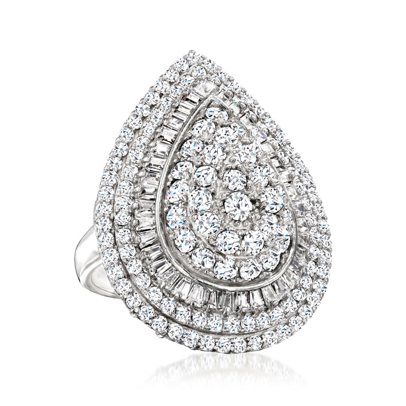 Sterling silver teardrop CZ ring angled view with round center stones and baguettes