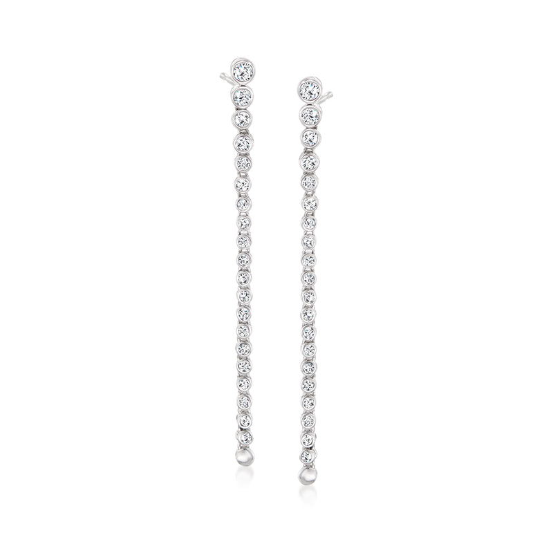 Sterling silver linear drop earrings with round bezel-set diamonds